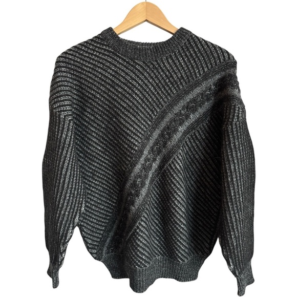 FALCARO Vintage Alpaca + Wool Blend Sweater | Grey Black Braided Striped Medium - Picture 1 of 5